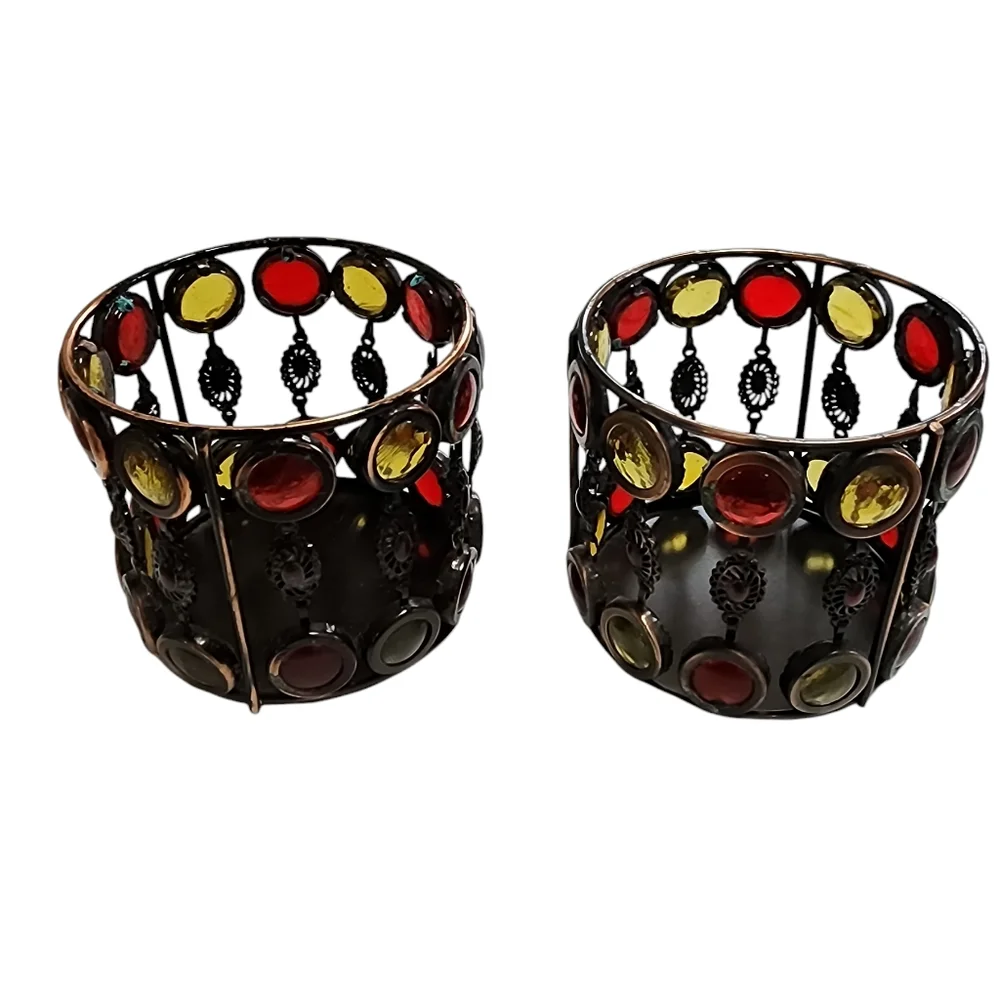 Set of 2 Wire Votive‎ Holders Boho Style with Colored Glass Bead Decoration